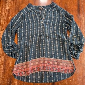 About A Girl Women's Long Rolled Tab Sleeve Sheer Floral Navy Boho Blouse Top